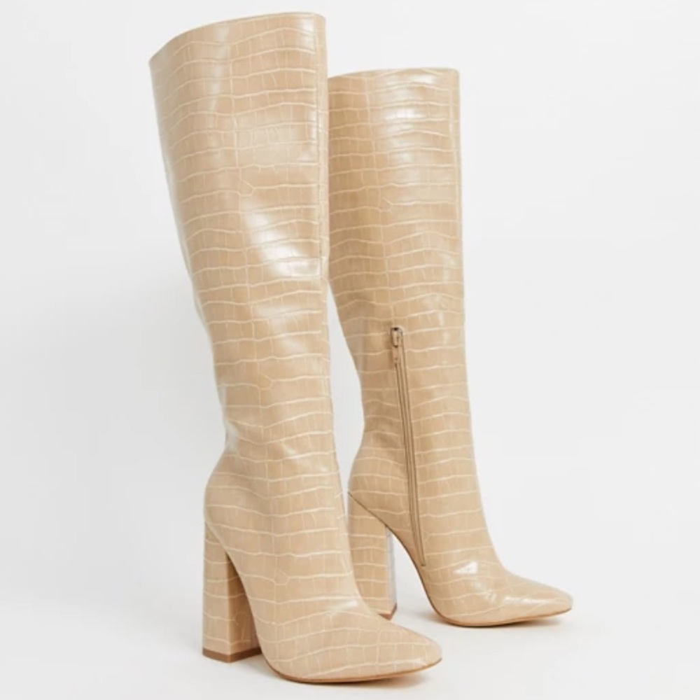 missguided nude croc knee high boots